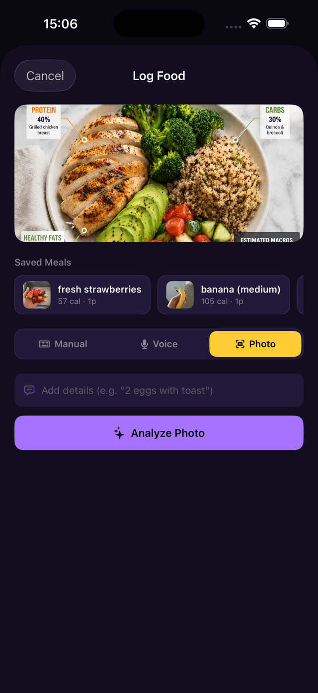 Log Food screen in Photo mode showing a meal photo, optional details text field, and purple Analyze Photo button