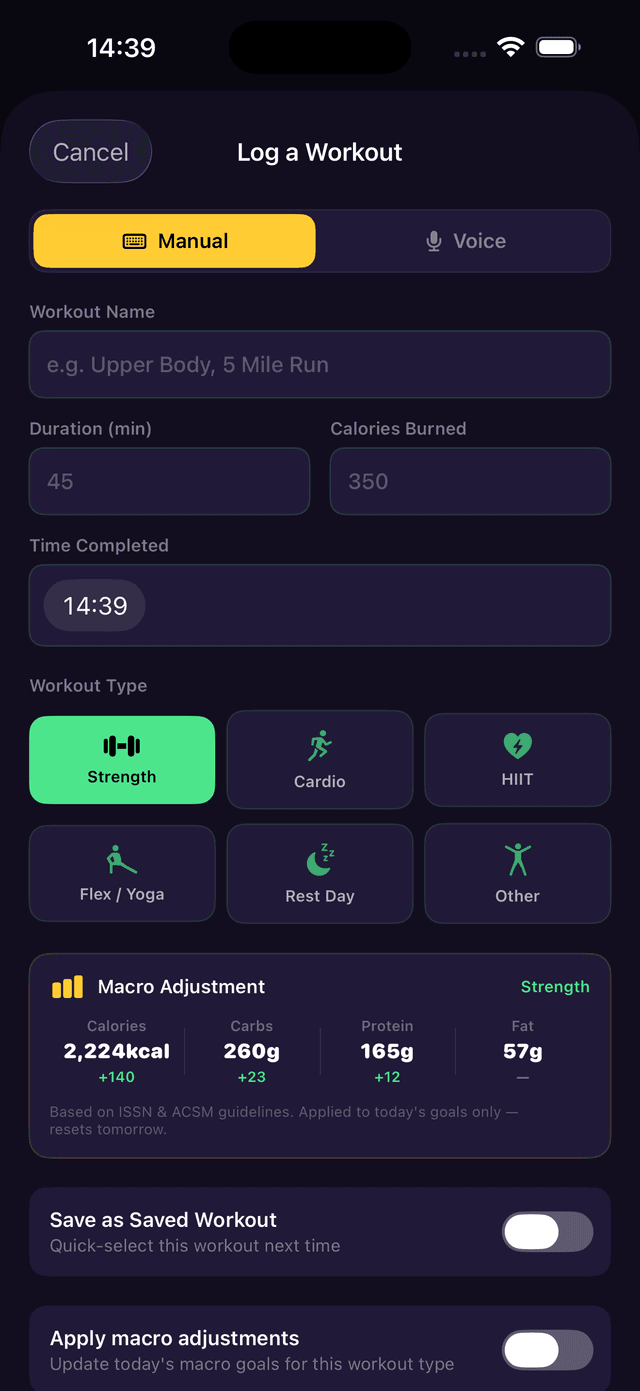 Manual workout entry screen showing fields for workout name, duration, calories burned, time completed, and workout type