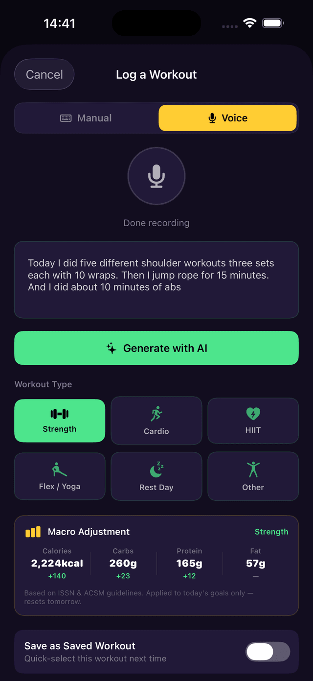 Voice recording complete with transcribed text and Generate with AI button