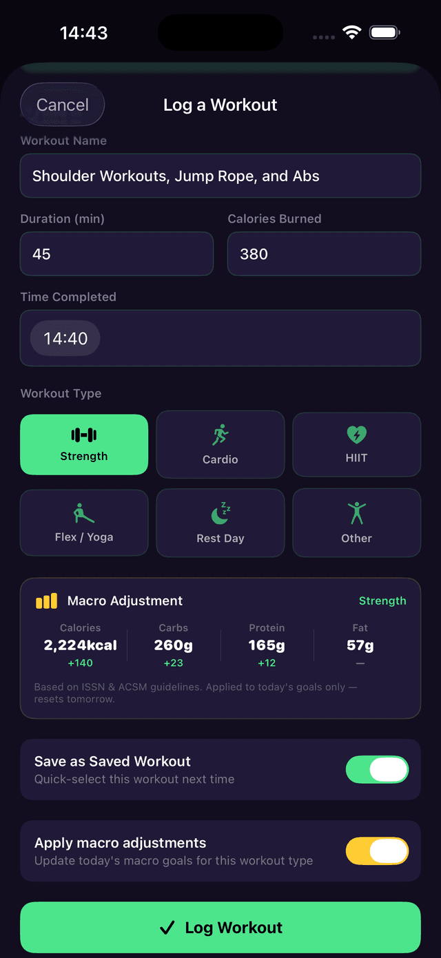 Completed workout form with AI-generated fields filled in, Save as Saved Workout and Apply macro adjustments toggles enabled, and Log Workout button