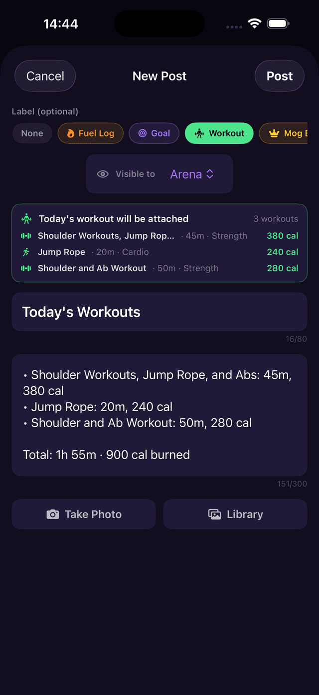 New Post screen with Workout label, showing today's workouts attached with exercise details, duration, and calories