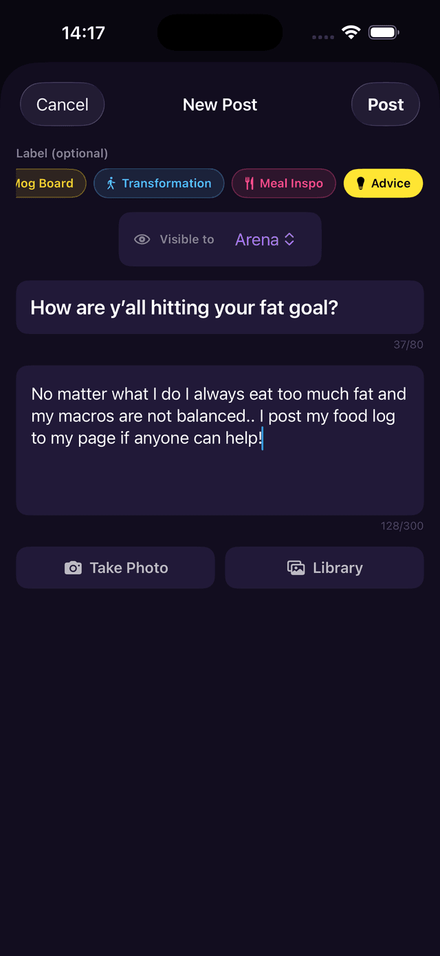 New Post screen with Advice label selected, showing a question about hitting fat goals