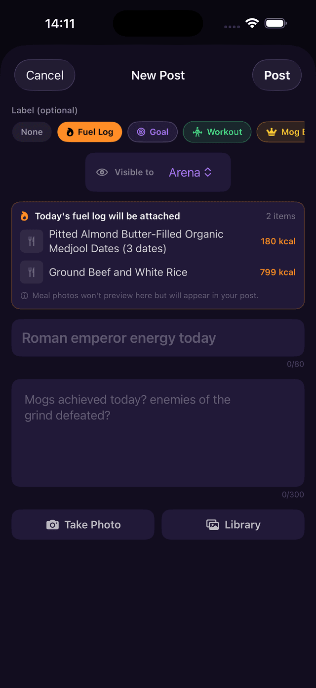 New Post screen with Fuel Log label selected, showing attached food items and calories