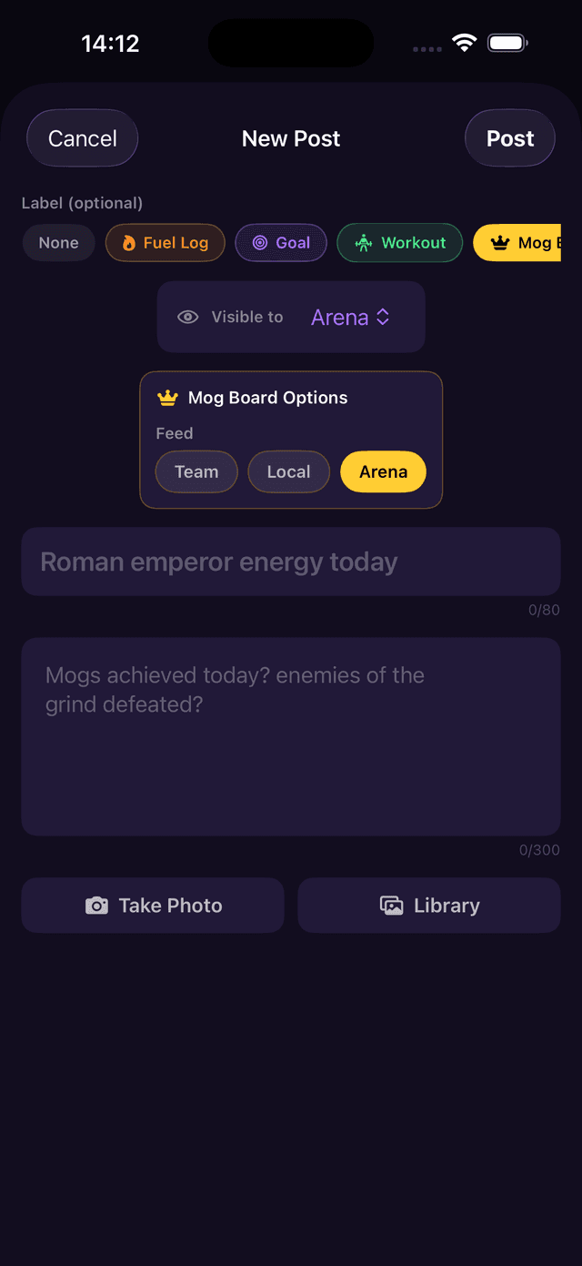New Post screen with Mog Board label selected, showing Mog Board Options with Team, Local, and Arena visibility choices