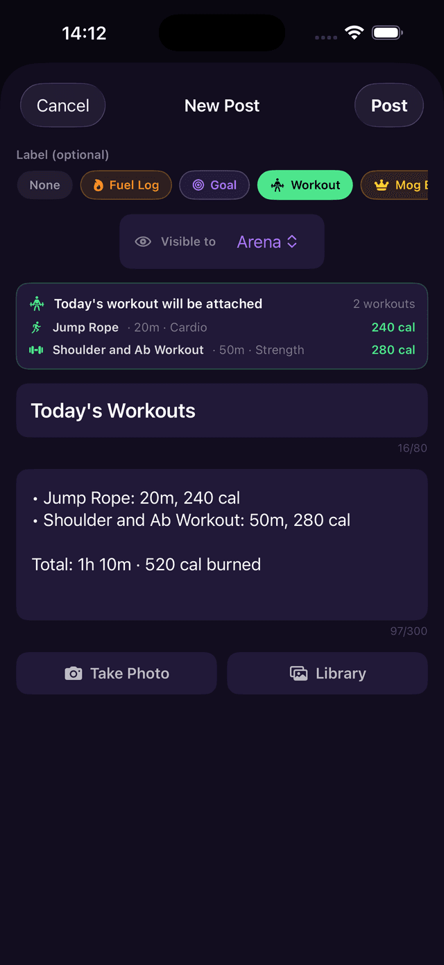 New Post screen with Workout label selected, showing attached workout summary with exercises, duration, and calories burned