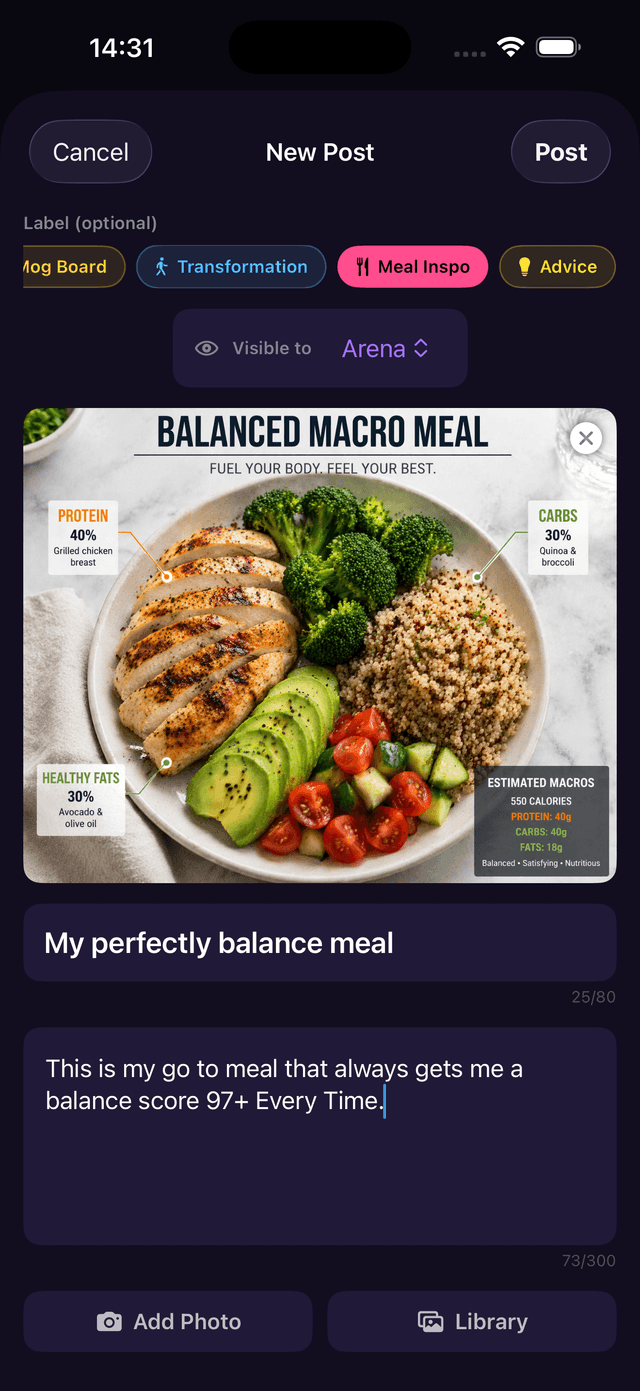 New Post screen with Meal Inspo label selected, showing a meal photo with macro breakdown
