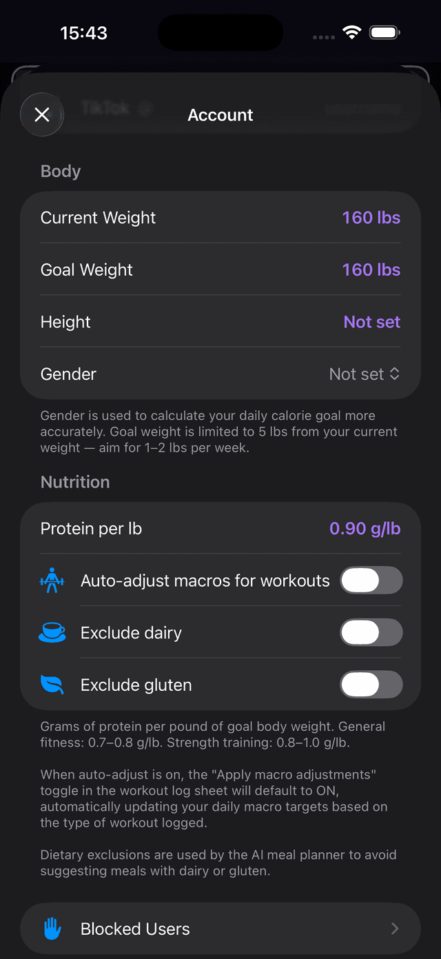 Account settings showing Body section with current weight, goal weight, height, gender, and Nutrition section with protein per lb, auto-adjust macros, exclude dairy, and exclude gluten