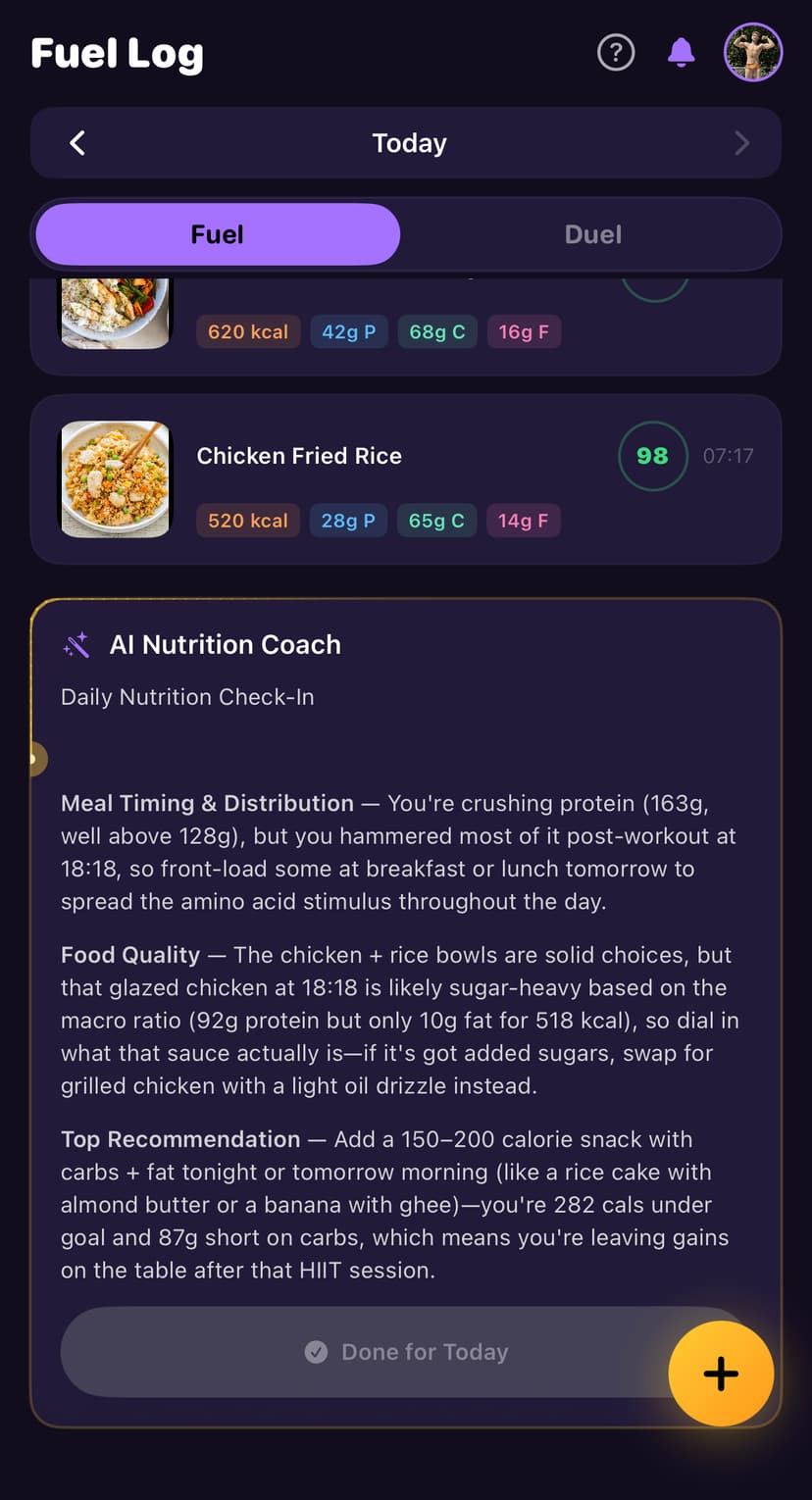 AI Nutrition Coach showing personalized daily debrief with meal timing, food quality, and actionable recommendations